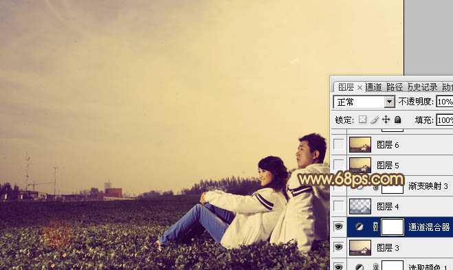 Photoshop将外景情侣图片调成柔和的紫黄色