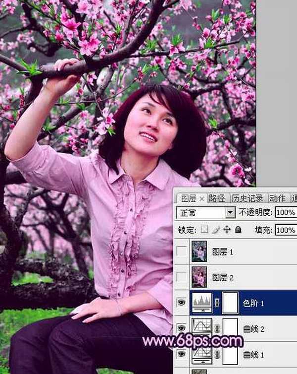 Photoshop将春季外景人物图片调成甜美的桃花色