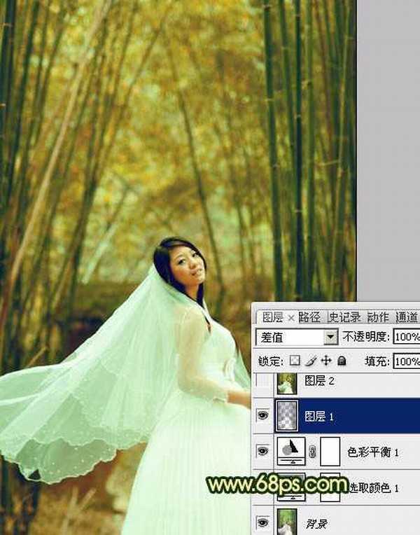 Photoshop将竹林婚片调制出漂亮的古典黄绿色效果