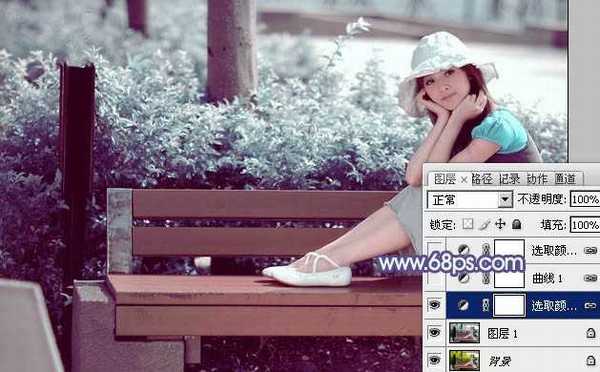 Photoshop将公园美女图片调制出梦幻唯美的淡调青紫色