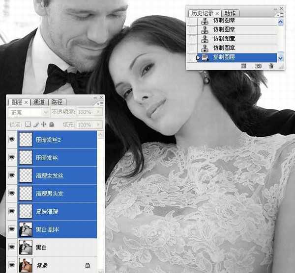 PhotoShop将婚礼照片修饰成经典黑白人像的润饰详细教程