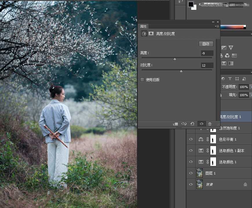 Photoshop调出外景梅花人像中国风冷色效果