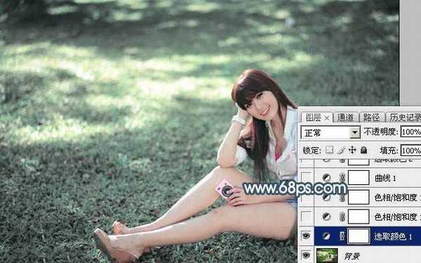 Photoshop调出唯美的秋季淡蓝色草地上美女图片