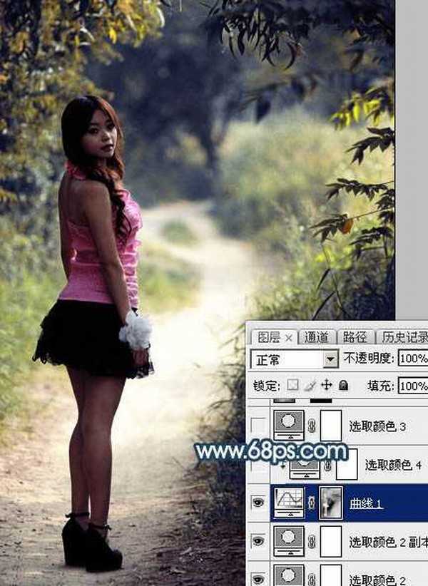 Photoshop调制出暗蓝秋季色树林人物图片